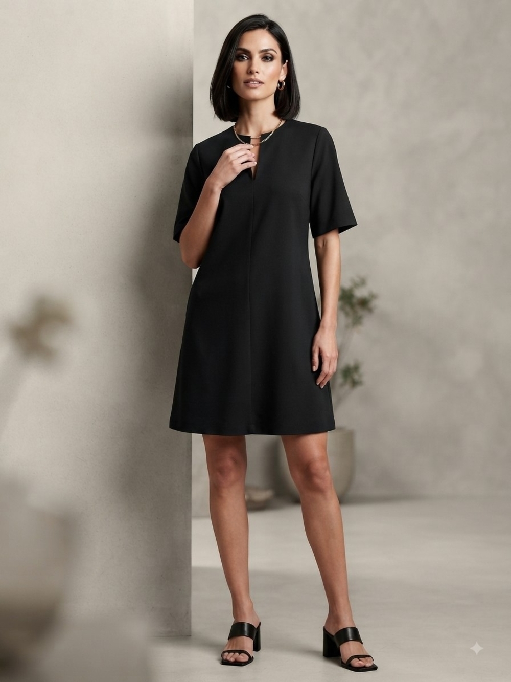 Oak + Fort  Black Short-Sleeve Shift Dress